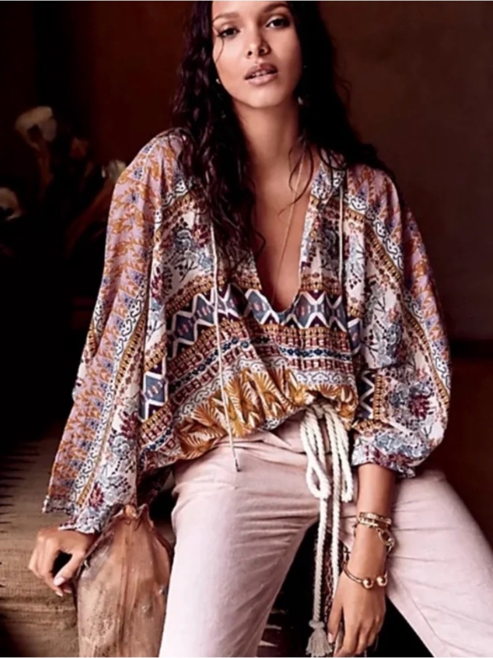 Free People Multi-Color Boho Printed Peasant Top